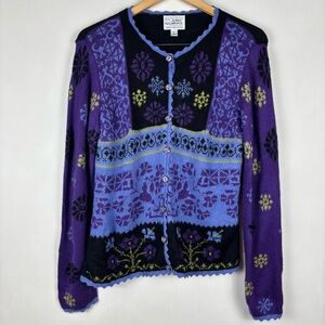 Alpaca Imports Wool Blend Button Front Cardigan L Purple Black Nordic Artsy